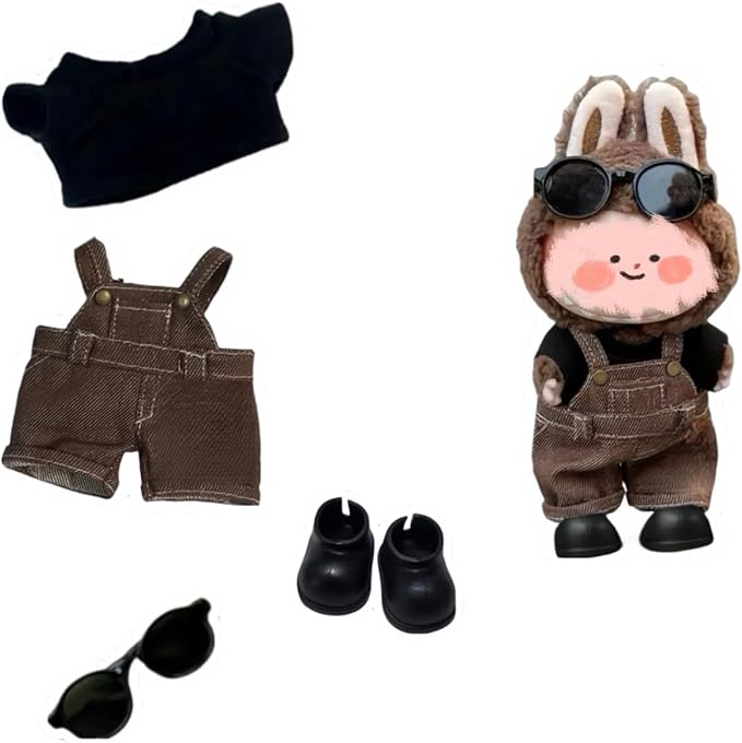 4/5/6 Set Doll Clothes Compatible with 17cm labubu, Clothes for Dolls Outfit, Contain Hat +Glasses+ Summer Camisole Dress+Mini Bag+ Mini Camera + Shoes, No Doll Include (Black)