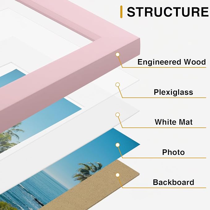 Vittanly 11x14 Picture Frames Set of 9 for Wall Mounting, Pink | Display Pictures 8x10 with Mat or 11x14 without Mat, Engineered Wood with Shatter Resistant Plexiglass, Gallery Photo Frames