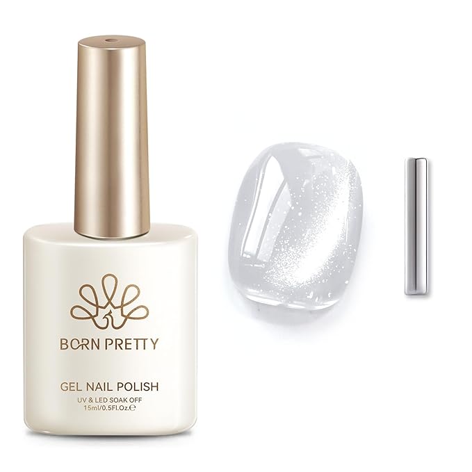 Born Pretty Cat Magnetic Eye Gel Nail Polish,15ML Water Light Silver Magnetic Gel Polish Silver White Jelly Glass Crystal Nail Polish Glitter Shimmer Auroras Gels Nail