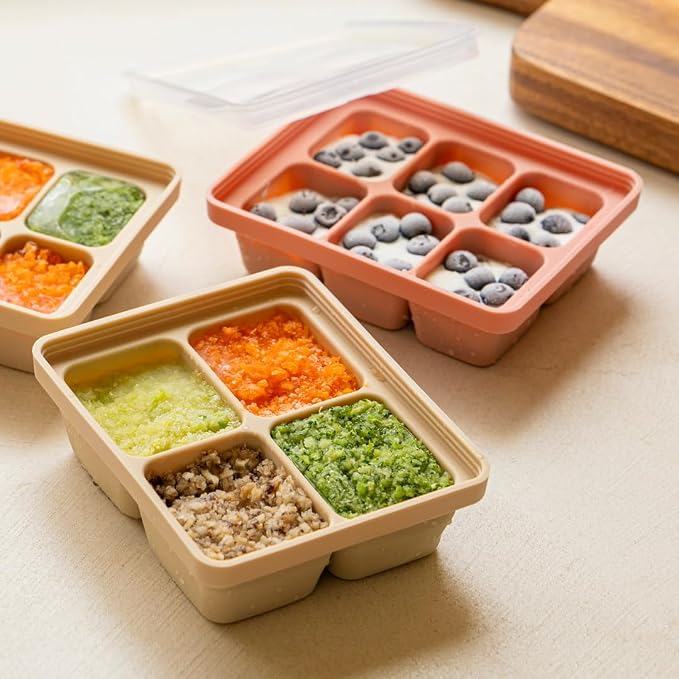 Silicone Freezer Tray, Made in Korea, Meal Prep & Food Storage Cubes with Lid for Purees, Soups, Fruits, Vegetables, Breastmilk (Terracotta Rose, 4 Cube - 12.17oz)