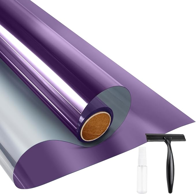 KESPEN Window Privacy Film One Way Daytime Privacy Static Cling Sun Blocking Anti UV Reflective Window Tint for Home and Office, Purple-Silver, 17.5 Inch X 6.5 Feet