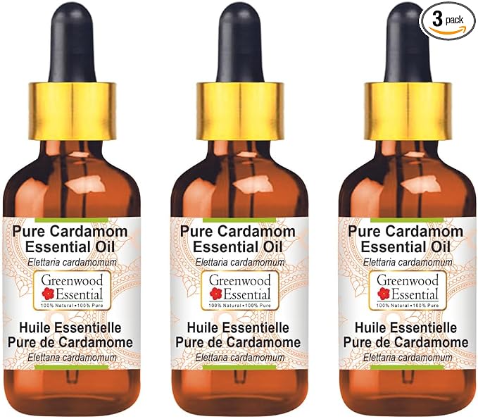 Greenwood Essential Pure Cardamom Essential Oil (Elettaria cardamomum) with Glass Dropper Steam Distilled (Pack of Three) 100ml X 3 (10.1oz)