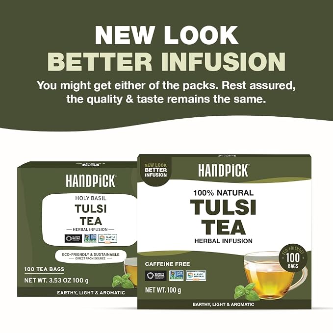 HANDPICK Original Tulsi Tea (100 count) Holy Basil Tea | Non-GMO, Caffeine-Free Herbal Tea | Ecofriendly Round Tea Bags