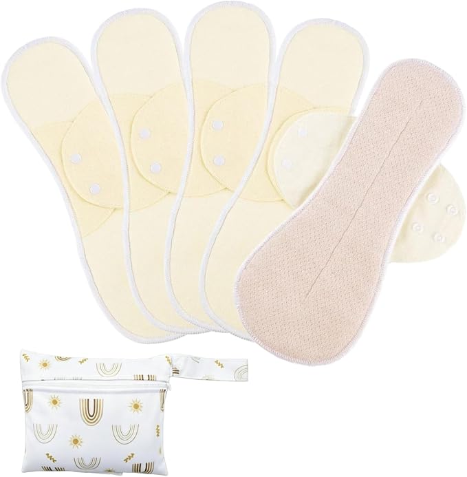 Pure Cotton Mesh Pads Sanitary Napkins,Washable Menstrual Pads,Reusable Incontinence Pads,with 1 Storage Bag,Panty Liners Pads Period for Women/Incontinence Patients.(Yellow/XXL/5pcs)