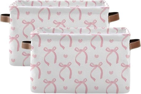 Aslsiy Storage Basket Cute Coquette Pink Bow Nursery Bins White Baby Box Canvas Clothes Shelf Basket Laundry Hamper 2 Pcs