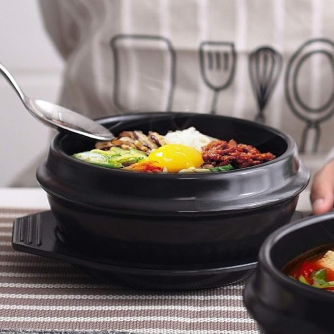 Korean Cooking Korean Stone Bowl By Whitenesser, Stone Pot Sizzling Hot Pot for Bibimbap and Soup (Large, No Lid) - Premium Ceramic with Melamine Tray (52.3 OZ)