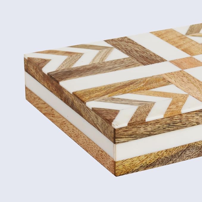 Handicrafts Home White Decorative Storage Box with Lid Wooden Desk Organizer Box Office Storage Box for Workspace Desk Decor Organizer – Resin Inlay Patisserie Adorn Collection- 8x6x1.5