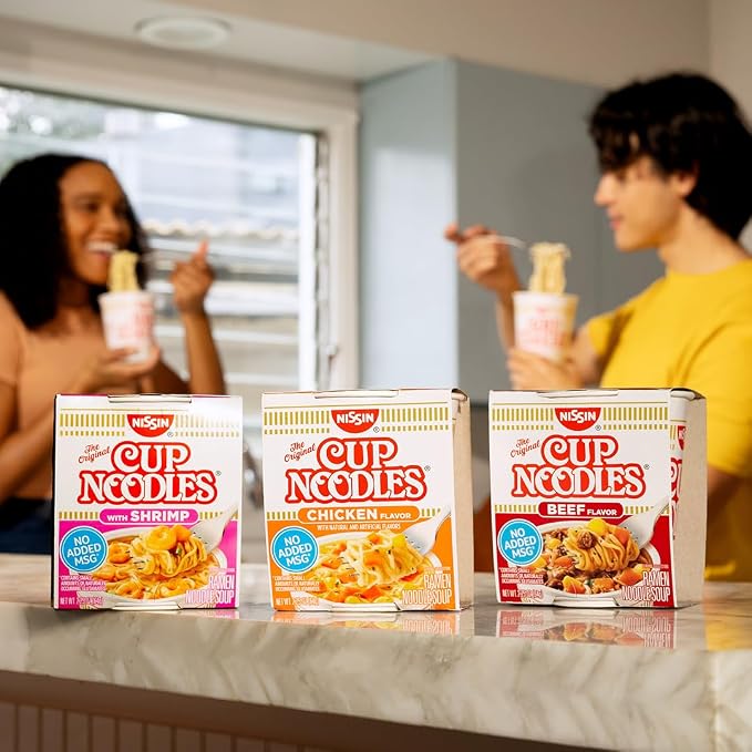Nissin Cup Noodles Soup, Shrimp Flavor, Microwaveable Paper Cups, Instant Ramen, 2.25 Ounce (Pack of 12) | Instant Ramen Noodle Soup, Microwaveable Paper Cups