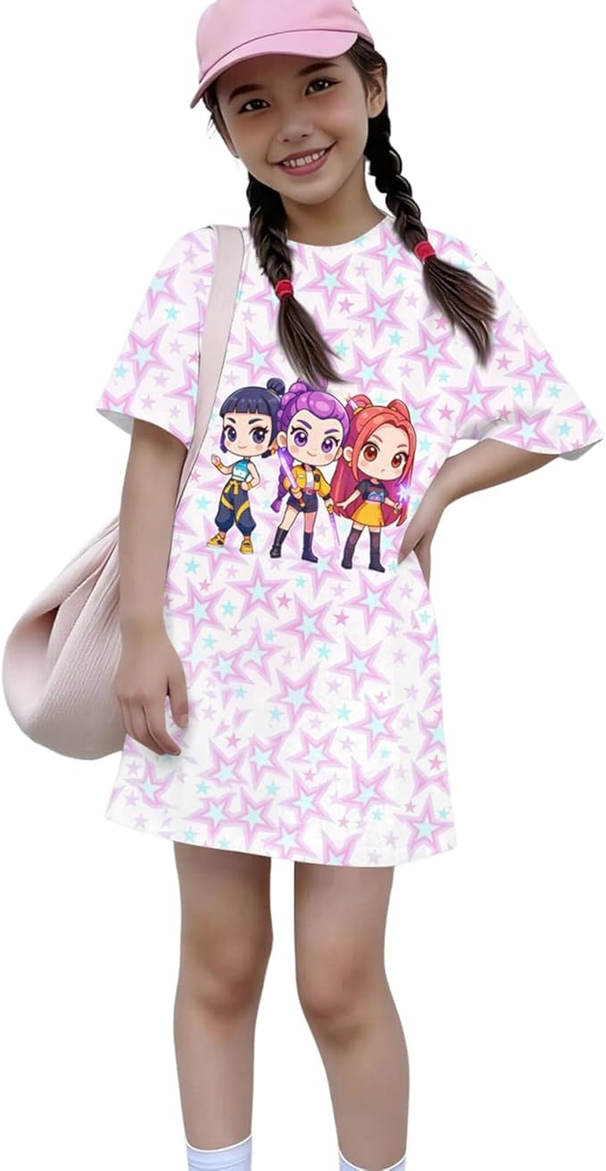 Girl's Anime K-POP Graphic Long Dress T-Shirt - Casual Loose Fit Short Sleeve Top
