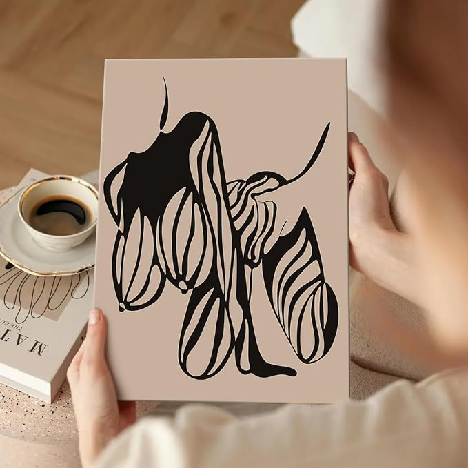 Yeesjoee Sexy Minimalist Nude Female Canvas Wall Art Line, Nudity Outline Posters Print, Woman Body Abstract Curved Silhouette, Beige Black Painting for Bedroom Living Room Home Decor, 12x16 in Framed