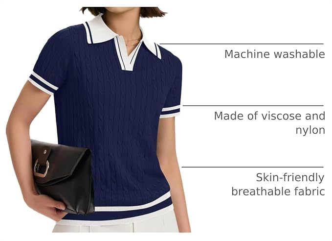 Micoson Womens Short Sleeve Sweater Tops Lapel V Neck Polo Shirts 2026 | Summer Cable Knit Loose Blouses, Business Casual Outfits