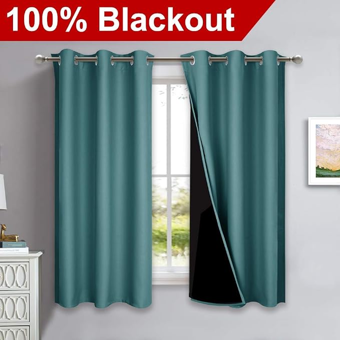 NICETOWN 100% Blackout Short Curtains with Black Liners, 2 Panels, 37" W by 40" L, Sea Teal, Solid Thermal Insulated Full Blackout 2-Layer Lined Drapes, Energy Efficiency Window Draperies for Bedroom