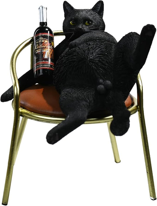 JXK Black Cat Statue Drunking Cat Figurine for Desktop Decor Durable Polyresin with Intricate Details Gifts for Mom Women Cat Lovers