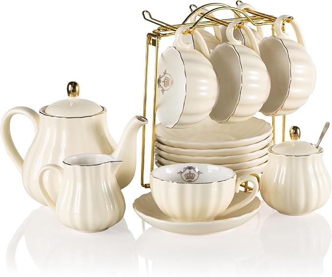 Sweejar Porcelain Tea Sets British Royal Series, 8 OZ Cups & Saucer Service for 6, with Teapot Sugar Bowl Cream Pitcher Teaspoons and Tea Strainer, Suitable for High Tea, Wedding, Party（Beige）