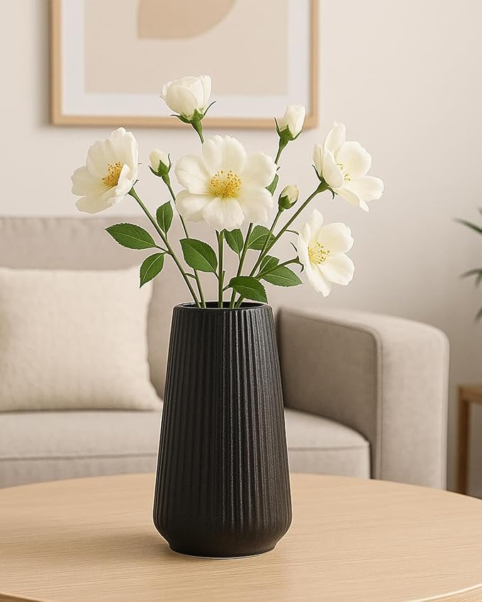 Black Ceramic Vase, 8 Inch Flower Vase for Pampas Grass, Modern Minimalist Ribbed Decorative Vase for Living Room Table, Shelf Decor