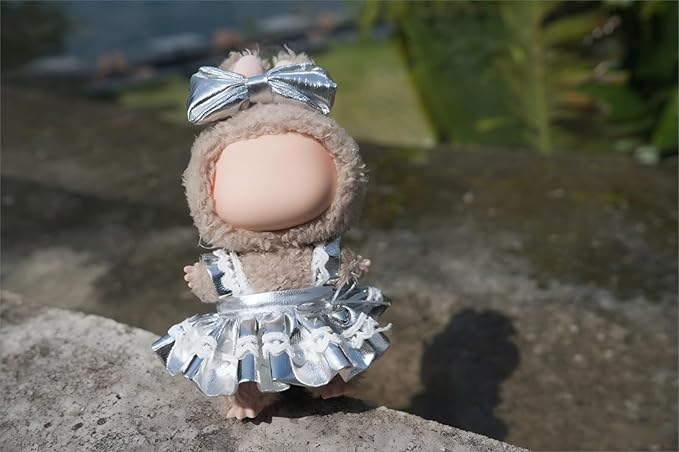 Clothes for Labubu, 2-Piece Skirt & Bow Hair Accessories Outfit Set for Labubu Doll - 17cm Dolls Clothes Cute & Silver Overalls Skirt (NO Doll)