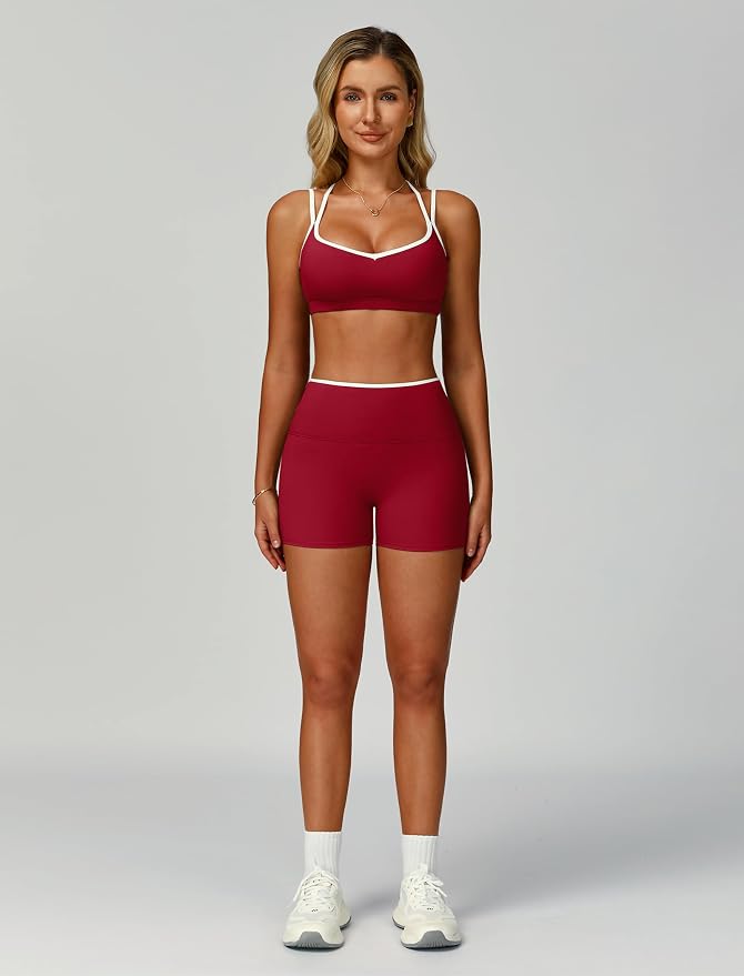 ABOCIW Workout Sets for Women 2 Piece Color Block Strappy Sports Bra High Waist Shorts Gym Yoga Pilates Outfits
