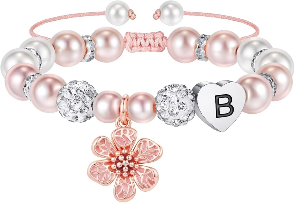 MONOOC Valentines Gifts for Kids Girls - Initial Flower Charm Bracelets for Girls, Adjustable Pearl and Rhinestone Beaded Bracelet Heart Initial Bracelets Jewelry for Flower Girl Gift Birthday Gifts