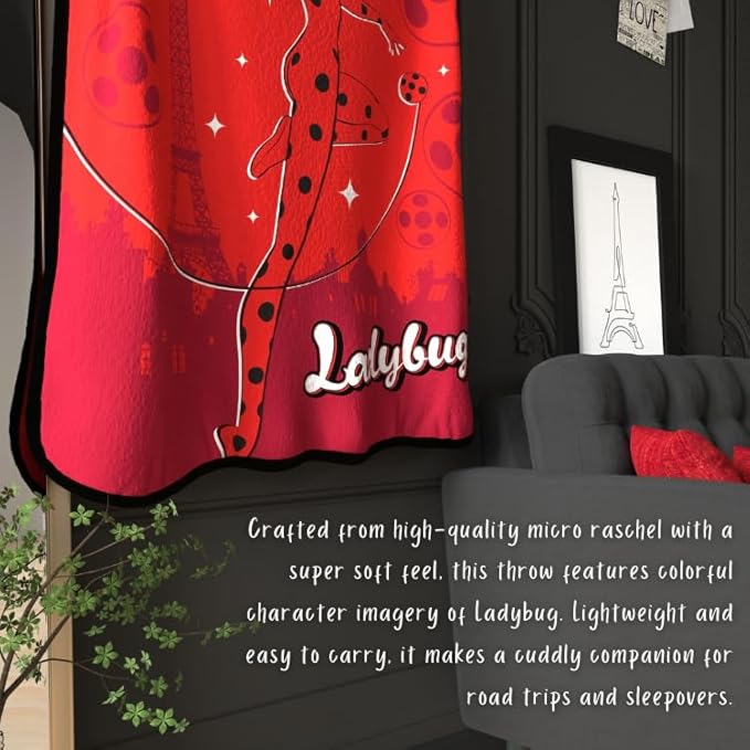 Miraculous: Tales of Ladybug and Cat Noir Kids Bedding Super Soft Micro Raschel Throw, 46 in x 60 in, (Officially Licensed Product) by Franco