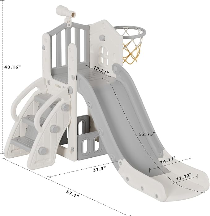 XJD 5 in 1 Toddler Slide, Kids Slide for Toddlers Age 1-3, Outdoor Indoor Playset for Toddlers with Basketball Hoop and Ball, Storage Space and Non-Slip Steps Telescope (Gley)