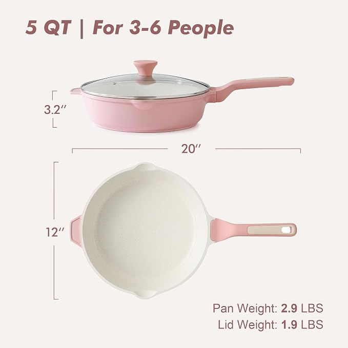 SENSARTE Nonstick Skillet with Lid 12-inch, 5QT Ceramic Deep Frying Pan, Non Toxic Saute Pan with Lid, Healthy Dishwasher Safe Cooking Pot, Induction Pan with Stay-cool Handle, Pink