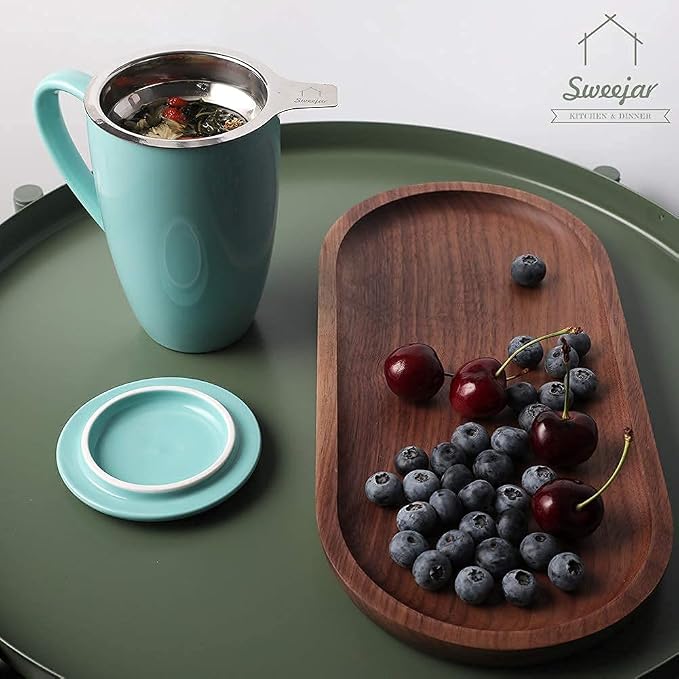 Sweejar Porcelain Tea Infuser Mug with Lid, 16 oz Teacup with Strainers for Loose Leaf Tea, Microwave and Dishwasher Safe Coffee Mug(Turquoise)