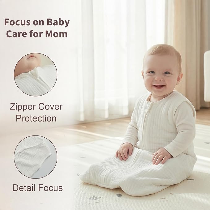BSTOPPT 2 Pack Baby Sleep Sack 6-12 Months 100% Organic Cotton Muslin Baby Sleeping Bag 2-Way Zipper Wearable Blankets TOG 0.3 (White & Light Gray, Medium)