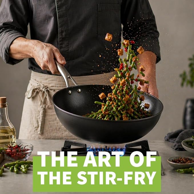 TECHEF - Onyx Collection, 12" Nonstick Flat Bottom Wok/Stir-Fry Pan with Glass Lid, PFOA Free, Dishwasher and Oven Safe, Made in Korea