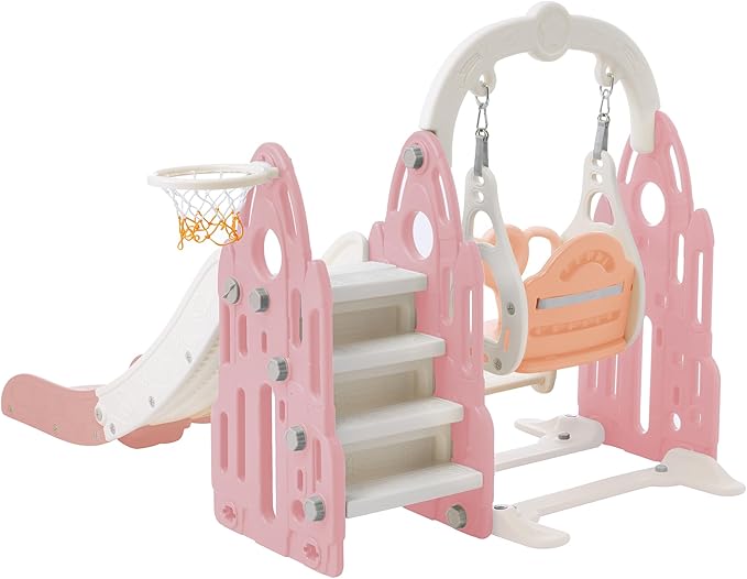 4 in 1 Toddler Slide Swing Set Freestanding Slide Climber Playset with Basketball Hoop Indoor Outdoor Playground Equipment for Kids Gifts Pink+White