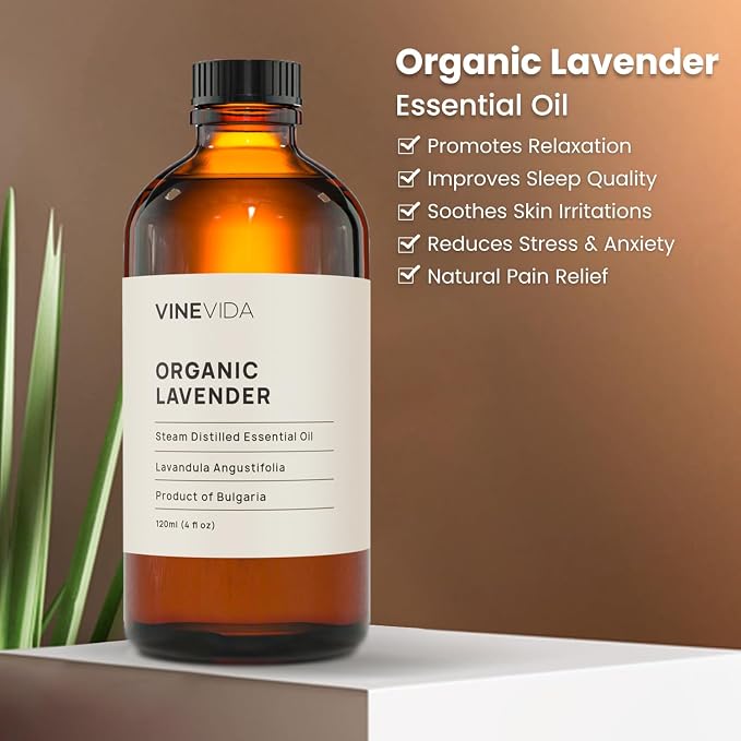 VINEVIDA Organic Lavender Essential Oil 4 oz - Undiluted, DIY Candle Scents for Candlemaking, Bulk for Soap Making