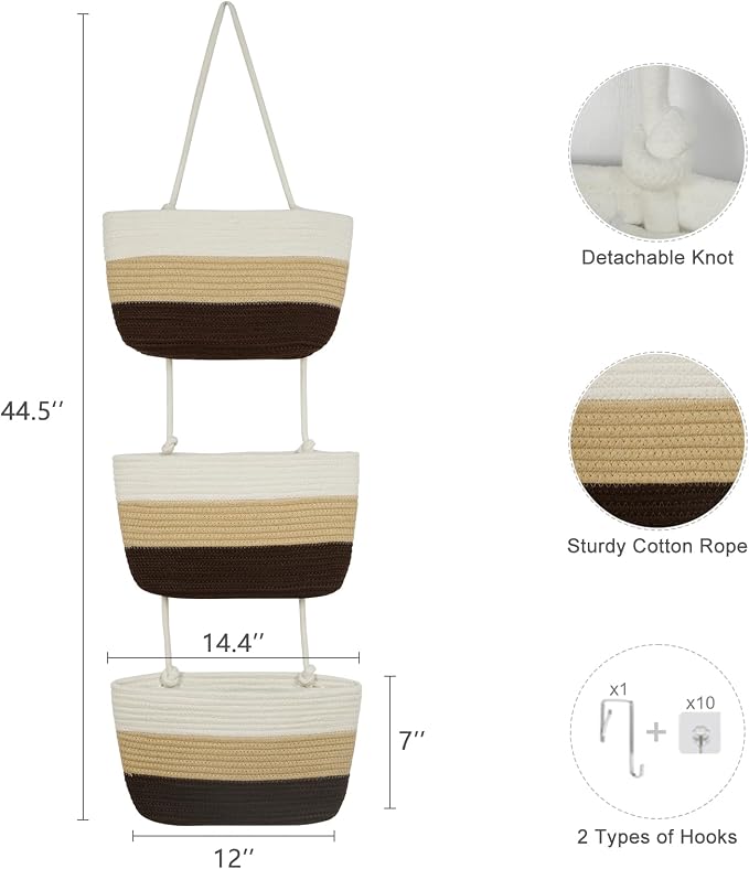 TeoKJ Over the Door Hanging Basket, 3-Tier Woven Cotton Wall-Mounted Storage Organizer Bag Decorative Hanging Nursery Baskets，Gradient Brown