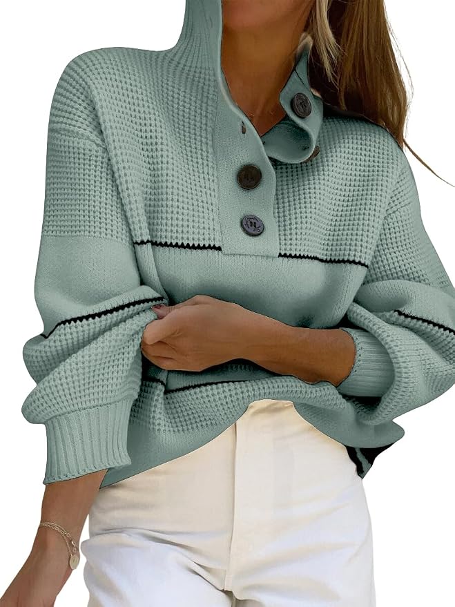 chouyatou Women's Slouchy Waffle Knit Sweater 1/2 Button Polo Collared Pullover Striped Sweater Tops
