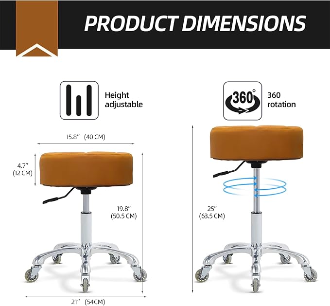 Ainilaily Rolling Stool with Wheels Adjustable Height, Roller Stool for Massage Medical Tattoo Spa Heavy Duty Swivel Desk (Super Thick Cushion, Camel)