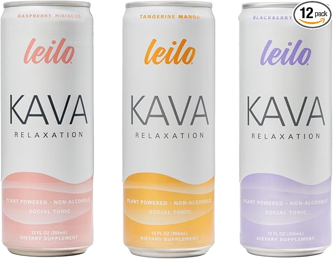 Leilo | Kava Powered Sparkling Relaxation Drink | Classic Variety-Pack - Includes: Raspberry Hibiscus, Tangerine Mango, Blackberry Orange | 12 fl oz Cans (Pack of 12)