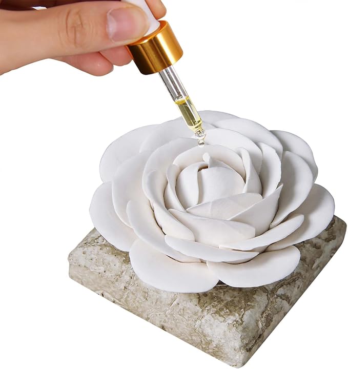 Ceramic Passive Essential Oil Diffuser, Aesthetic Desktop Handmade Flower & Concrete Base, Porcelain Aromatherapy Oils Diffuser for Home, Office, Yoga, Spa Room (White Camellia)