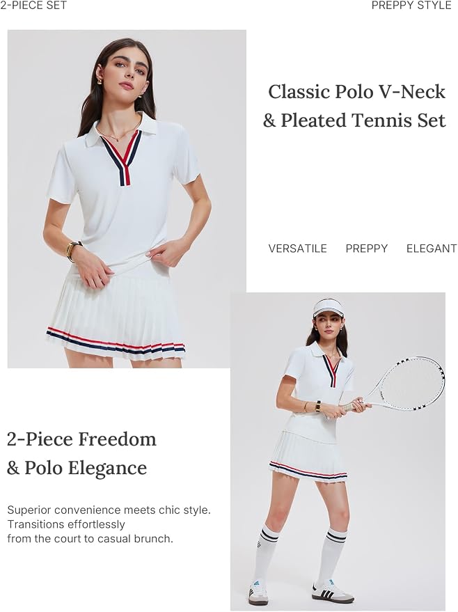 Women 2 Piece Tennis Skirt Set Pleated Golf Outfit, Polo V-Neck Athletic Dress Alternative Skort Set for Pickleball Pockets