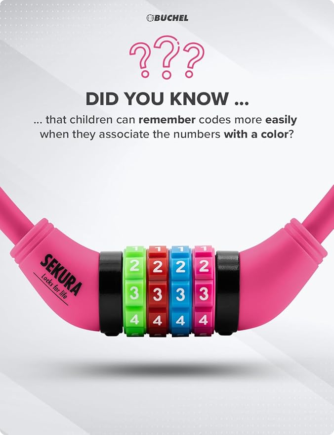 Büchel Bike Locks Cable for Kids - Colorful & Keyless - Secure Your Child's Bike - Easy-to-Use Bicycle Accessory, High Security 5 Digit Resettable Combination Coiling Bicycle Lock, Anti Theft