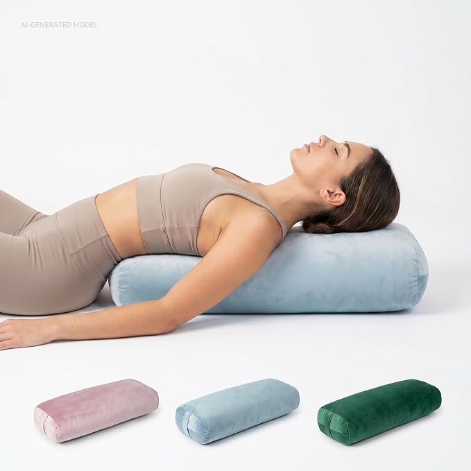Yoga Bolster Pillow, Curved Wedge for Deep Stretch & Prenatal Support, 25"×12"×5", Sponge Bead-Cotton Filling, Velvet Cover with Zipper & Handle for Yoga, Meditation & Pilates (Light Blue)