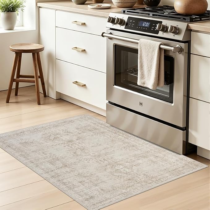 Machine Washable Area Rugs 2x3: Vintage Boho Neutral Washable Rug Indoor Soft Small Entryway Throw Carpet for Living Room Bedroom Kitchen Laundry Floor Non-Slip Low Pile Entrance Rug Brown