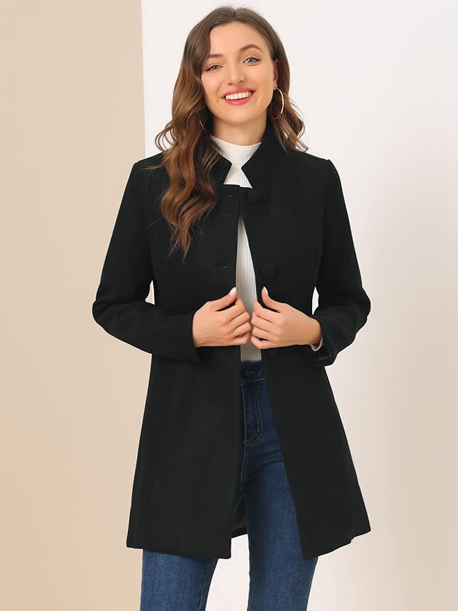 Allegra K Women's Winter Overcoat Mid-Long Stand Collar Single Breasted Coat Outerwear