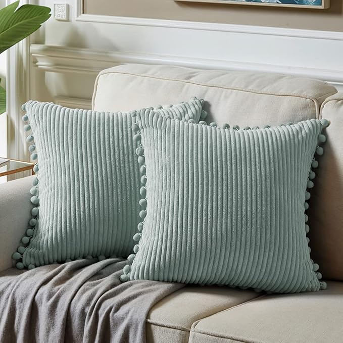 Fancy Homi 26x26 Pillow Covers Set of 2, Euro Pillow Covers with Pom-poms, Grey Blue Big Throw Pillow Covers for Couch Bedroom 66x66 cm