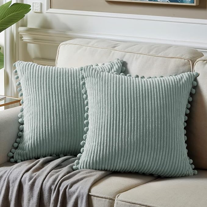 Fancy Homi Pack of 2 Farmhouse Decorative Throw Pillow Covers with Pom-poms, Soft Corduroy Solid Square Cushion Cases Set for Couch Sofa Bedroom Car Living Room (18x18 Inch/45x45 cm, Grey Blue)