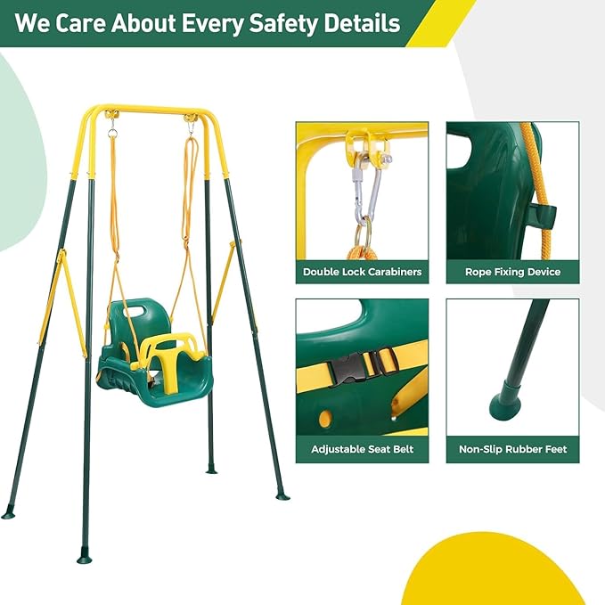 FUNLIO Toddler Swing with Foldable Metal Stand for Toddlers Aged 1~10 Years, 3-in-1 Baby Swing Set with 4 Sandbags for Backyard/Indoor/Outdoor Play, Easy to Assemble & Store, Green