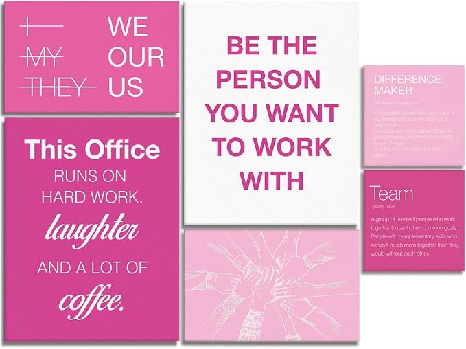YEOION Motivational Office Wall Art,Inspirational Teamwork Wall Art for Office,Pink Positive Teamwork Wall Decor for Workplace Set of 6