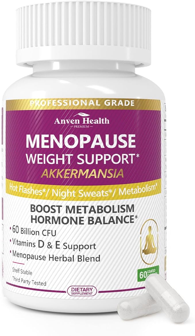 Menopause Relief Probiotics Akkermansia Hot Flashes 60 Caps | Prebiotic, Vitamin D & E, Hormone Balance, Metabolism, Gut Health, Hot Flashes & Night Sweats, Non-GMO, 60 Caps