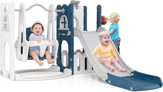 Costzon 7 in 1 Toddle Swing and Slide Set, Freestanding Toddler Slide Playset w/Swing, Basketball Hoop, Kids Slide for Toddler Age 1-3 Playground w/Storage Space, Gifts for Boys Girls (Blue House)