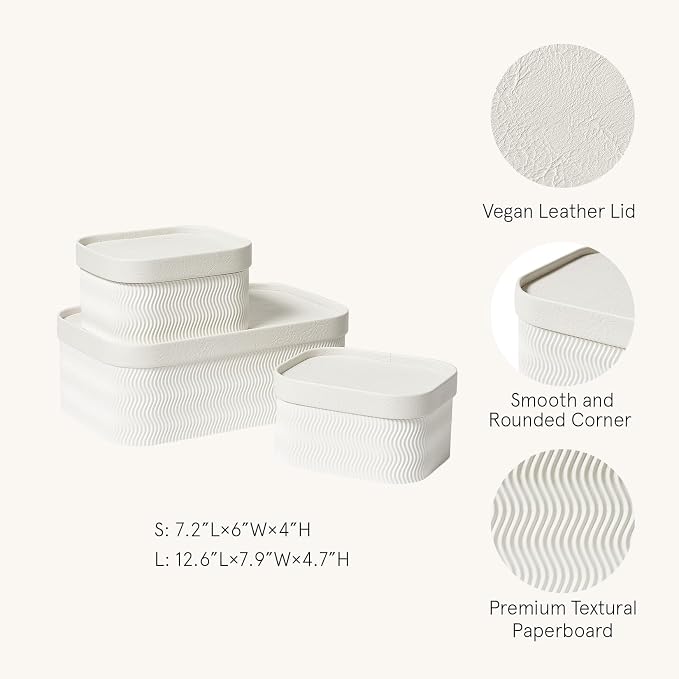 LA JOLIE MUSE Decorative Storage Boxes with Lids Faux Leather, White 3 Pack | Vegan Leather Lids, Fluted Cardboard Storage Basket, Organizer for Jewelry, Shelves, Bedroom & Closet Storage Memory Box