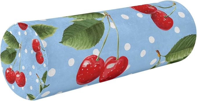Light Blue Dots Red Cherry Neck Roll Pillow Bolster Round Health Memory Foam Long Cervical Cylinder Pillows with Removable Washable Cover for Body Bed Legs Back Yoga