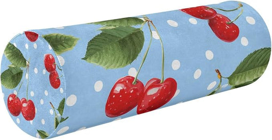 Light Blue Dots Red Cherry Neck Roll Pillow Bolster Round Health Memory Foam Long Cervical Cylinder Pillows with Removable Washable Cover for Body Bed Legs Back Yoga
