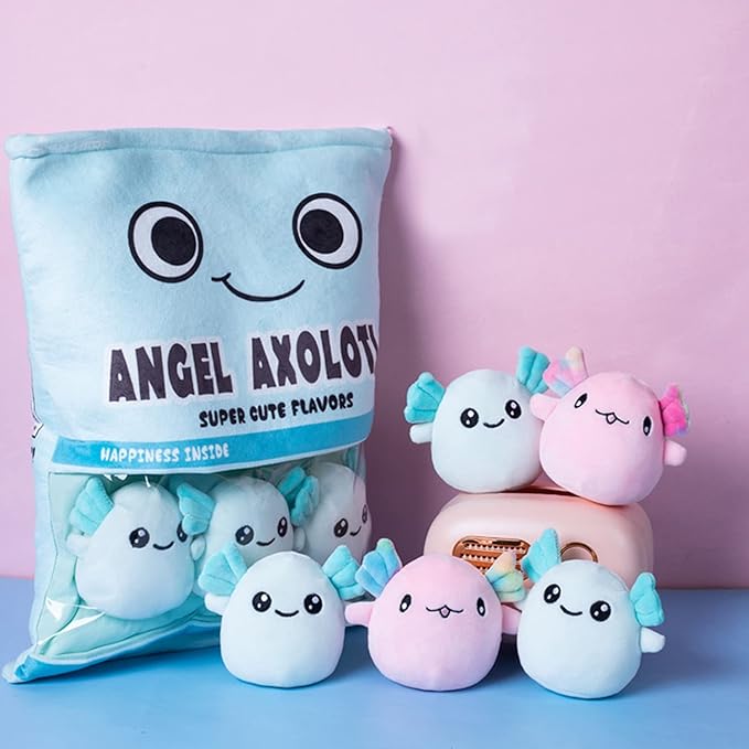 REFAHB Cute Axolotl Plush Toy, Removable Salamander Animal Stuffed Plush Pillow, Kawaii Plush Cushion Toy Game for Kids, Girls, Birthday Gift (6pcs a Bag, Blue)
